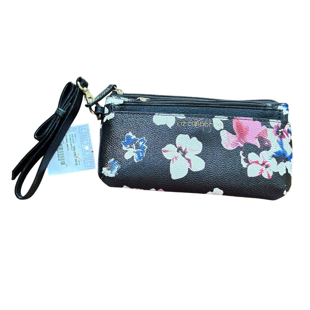 NEW Liz Claiborne wristlet wallet black & pink floral pull out ID cards pouch